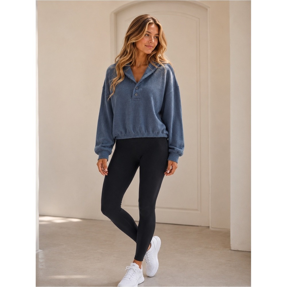 Prana Hemp Blend Pullover Sweatshirt Womens L Blue Shawl Collar Button Crop Hem